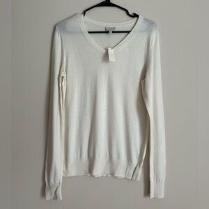 White Cream V Neck Long Sleeve Light Sweater